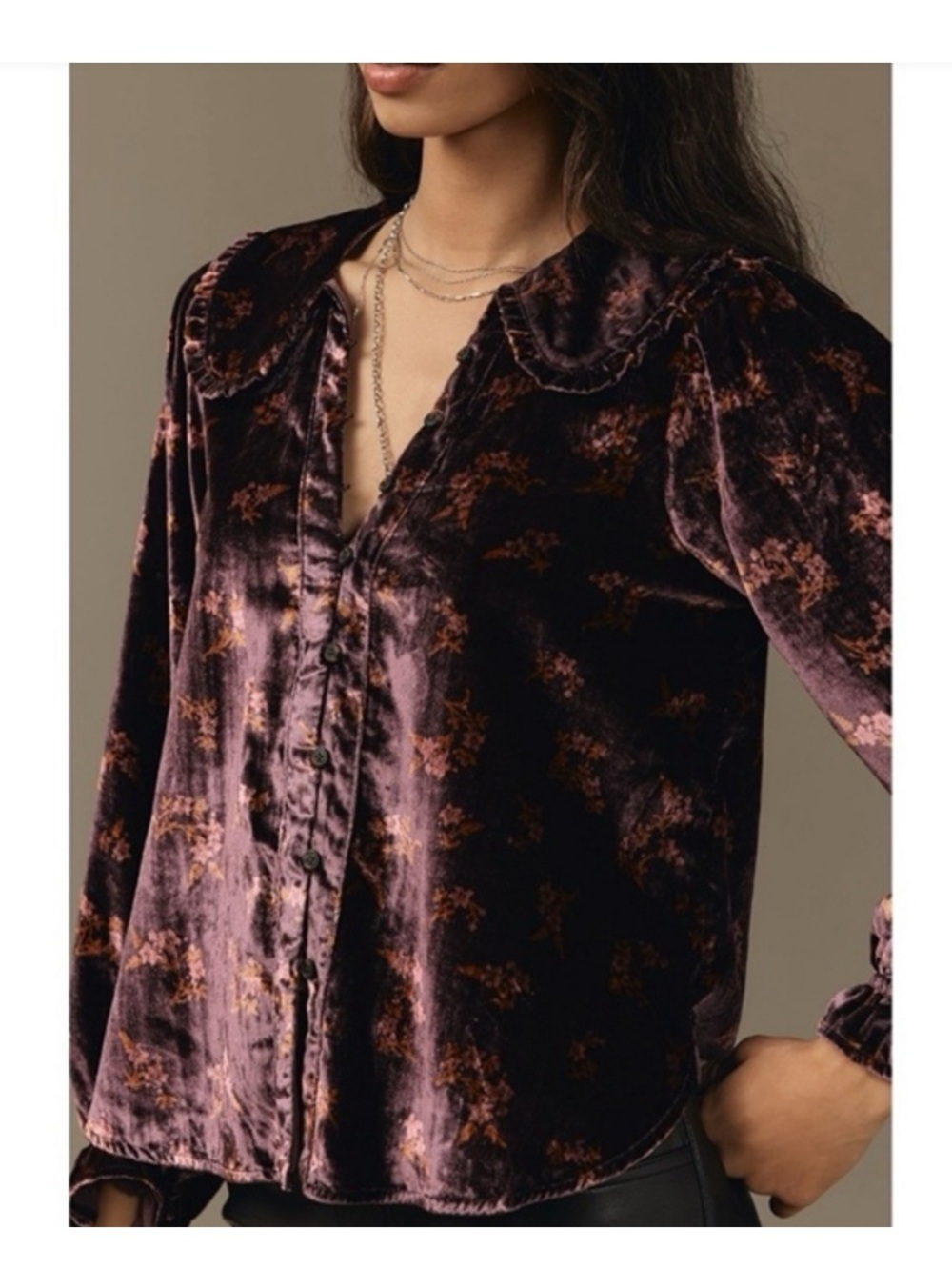 Anthropologie Pilcro Velvet Keira Top Blouse Purple Floral Button Front Small S